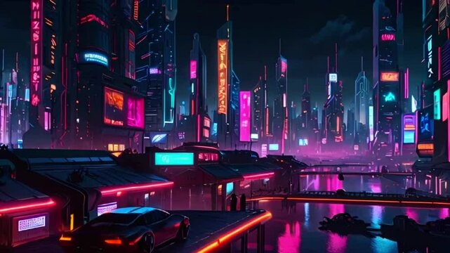 The video shows a futuristic city at night with tall buildings, neon lights, and flying cars.