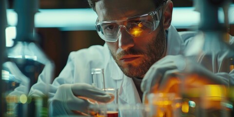 Dedicated lab technician meticulously working in laboratory, demonstrating precision, expertise in handling scientific experiments, importance of accuracy and careful analysis in lab work.