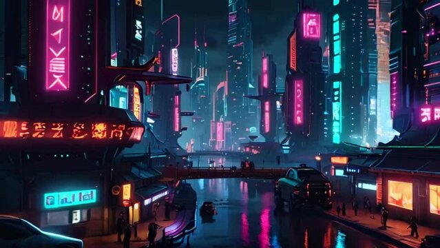 The video depicts a futuristic city street scene with bright neon lights and people walking around.