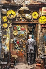 Obraz premium A man stands in front of a door with a lot of clocks on it. The clocks are all different sizes and colors, and some of them are broken