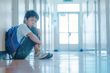 Sad schoolboy sits alone in a hallway, looking upset and worried, hugging his knees with his backpack beside him, highlighting the challenges students face and the need for support in schools