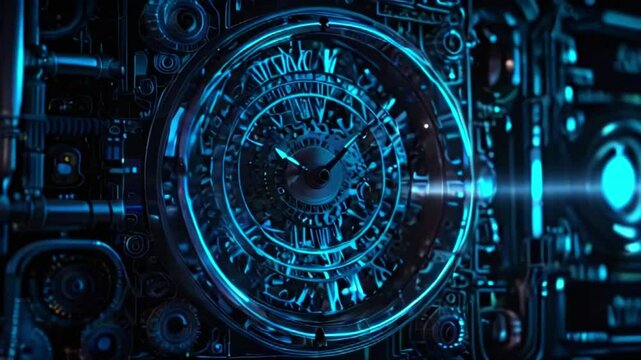 A glowing blue steampunk clock with exposed gears and machinery.