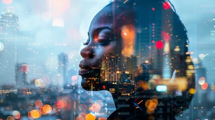 A woman's face is reflected in a city skyline. The image has a dreamy, surreal quality to it, as if the woman is looking into a mirror that is reflecting the cityscape