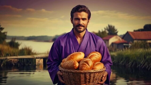 The video shows a man standing in front of a lake holding a basket full of bread. He is wearing a purple robe and has a mustache.