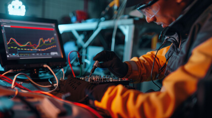 A mechanic analyzes a car's ignition system using a digital oscilloscope, examining precise wave patterns.