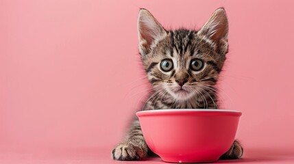 A kitten with a milk dish, pastel pink background, space above for text