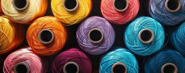 Spools of sewing thread in various shades, vibrant, detailed, realistic illustration