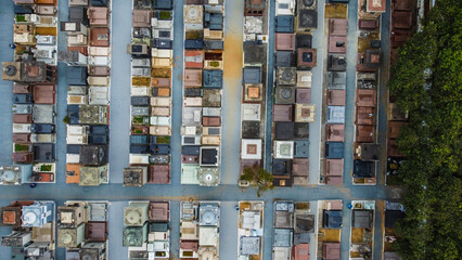 Aerial view of tombs, tombs and coffins in a cemetery