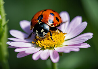 Naklejka premium Ladybug on flower macro closeup. Generative AI. 