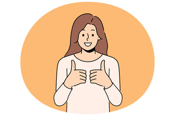 Woman with smile gives two thumbs up in agreement with your proposed course of action. Young girl with smile gives thumbs up approving advertised product or giving high rating to services of tutor