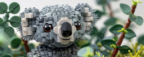 Fototapeta premium Adorable koala, 3D model, white background, eucalyptus detail