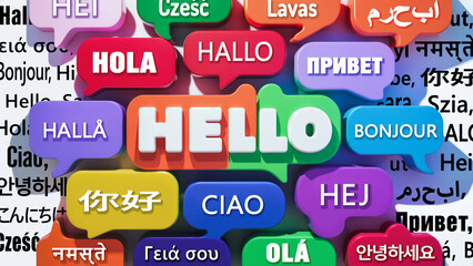 Colorful speech bubbles displaying 'Hello' in multiple languages, showcasing global diversity and communication. Multilingual Greetings Concept 