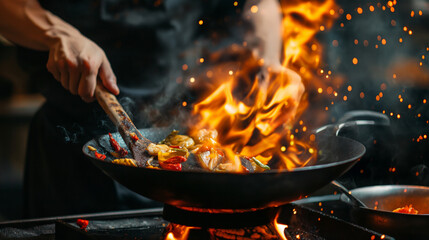 A dynamic photo captures a chef in action, expertly tossing vivid ingredients in a blazing wok on a stovetop, emphasizing the high-energy and skilled cooking process.