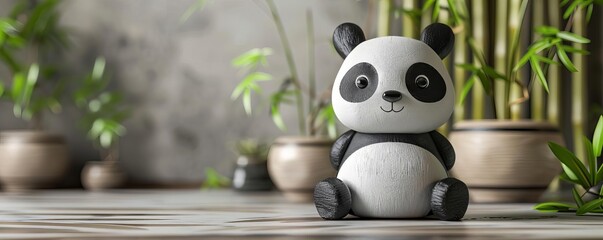 Adorable plasticine panda, 3D model, white background, bamboo detail