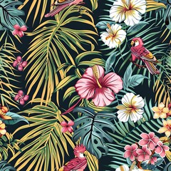A tropical pattern with detailed illustrations of palm leaves, exotic flowers, and birds in bright, bold colors, designed to repeat seamlessly across fabric