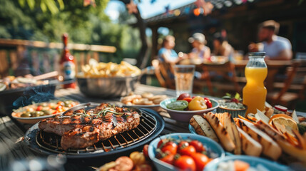 Barbeque party, a group of friends or family on restaurant table beautiful delicious dishes lunch time