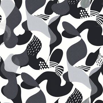 A contemporary pattern featuring abstract shapes and lines in a monochromatic palette, arranged to seamlessly repeat for modern fabric applications