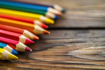 Obraz premium Colorful pencils on the wooden table with copy space