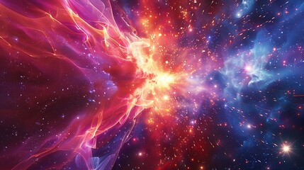 Naklejka premium Radiant bursts of electric currents depicted through glowing lines intersecting and radiating amidst the celestial spectacle of the universe.