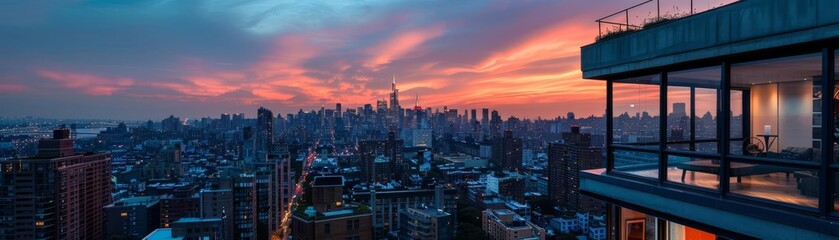 Fototapeta premium Aerial view of a chic urban loft with industrial design, rooftop garden, and panoramic cityscape, twilight, editorial style, edgy photography