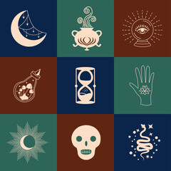 Set of magic symbols, celestial seamless pattern. Astrological, magical and esoteric symbols.