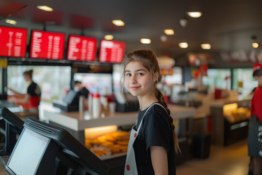 young beautiful teenage girl cashier in fast food restaurant
