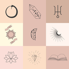 Set of magic symbols, celestial seamless pattern. Astrological, magical and esoteric symbols.