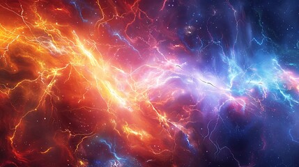 Obraz premium Radiant bursts of electric currents depicted through glowing lines intersecting and radiating amidst the celestial spectacle of the universe.