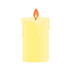 Burning candle with drips on a white background