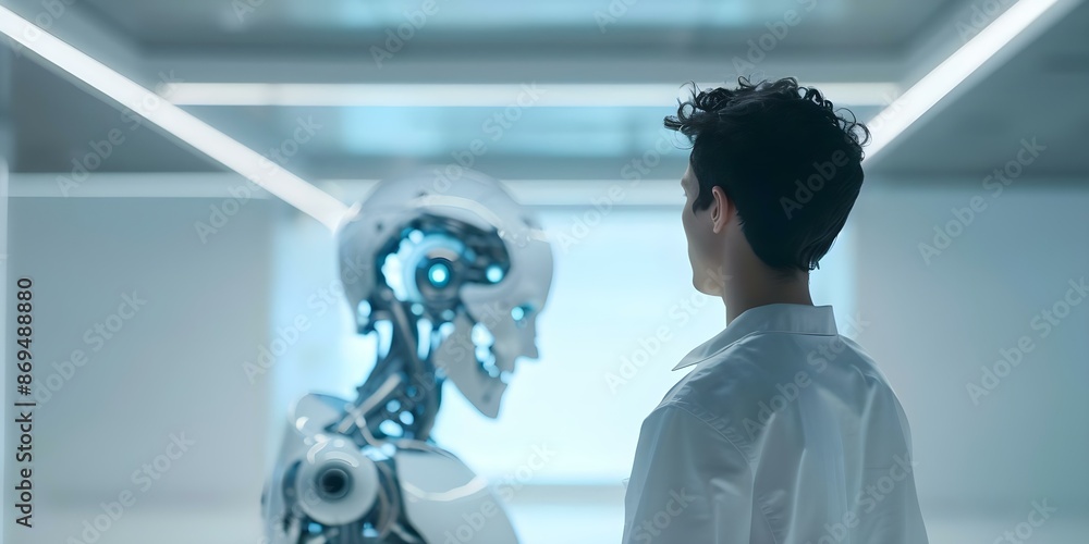 Poster man observing futuristic cyborg with advanced neural network ai technology in contemporary environme