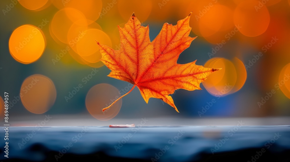 Poster a leaf is floating on the water. the leaf is orange and has a shiny surface. the water is calm and t