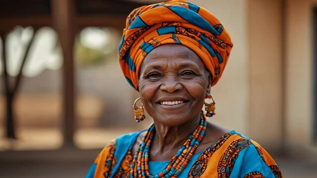 Beautiful joyful adult African woman in traditional clothing