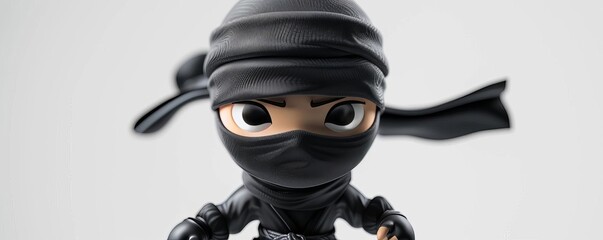 Cute doll in a ninja costume, 3D model, white background, stealthy details, action style