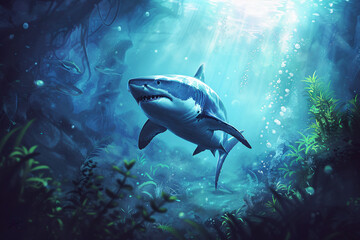 Fototapeta premium dangerous big shark under water background