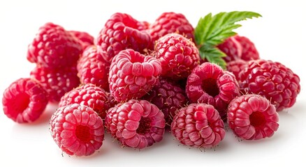 Fresh Red Raspberries With Green Leaves on a White Background