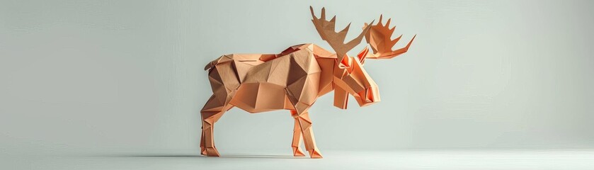 Cute origami moose, 3D model, white background, large antlers