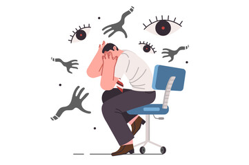 Paranoia and panic attack cause fear in business man, sitting among hands of monsters