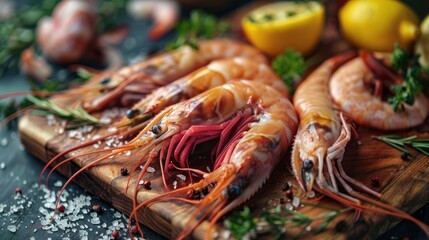 Photo Of A Group Of Fresh Cuttlefish And Prawns On A Wooden Cutting Board, Ready For Preparation