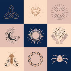 Set of magic symbols, celestial seamless pattern. Astrological, magical and esoteric symbols.