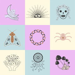 Set of magic symbols, celestial seamless pattern. Astrological, magical and esoteric symbols.