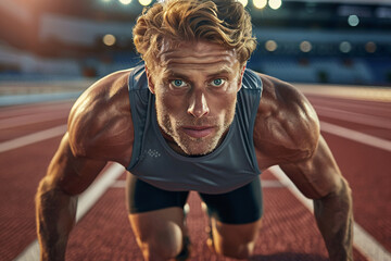 portrait of handsome man athlete at the starting line on the modern stadium