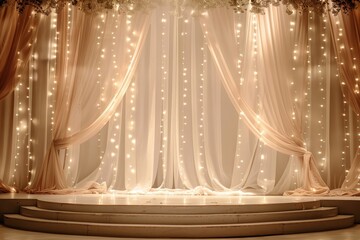 Wedding Stage Decor with Sheer Curtains and Fairy Lights