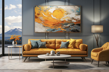 Modern Coastal Living Room with Ocean View and Abstract Art