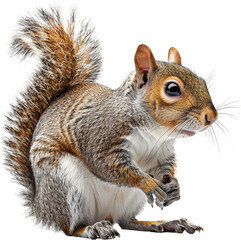 Obraz premium Close-up of a cute gray squirrel with bushy tail, isolated on white background, showcasing its detailed fur and alert expression.