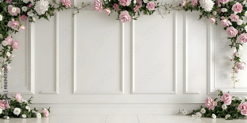 Wall mural Symmetrical Display of Flowers on a White Wall. Concept Flower Arrangement, Symmetrical Display, White Wall Decor, Floral Decor, Interior Design - Wall murals