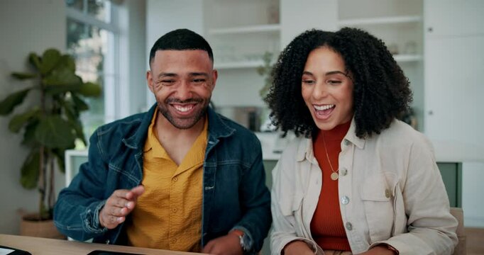 Home, paper and couple with high five by laptop for investment, finance planning or achievement. Happy, man and woman with celebration by tech for mortgage bills, invoice or success in online payment