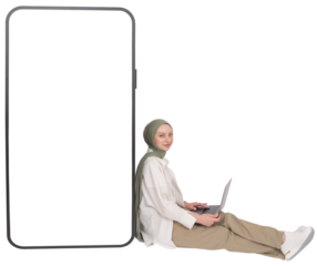Full body length caucasian muslim woman wear hijab abaya sitting floor leaning big huge mobile phone mock up with empty blank white touch screen using laptop. Recommending new application concept.