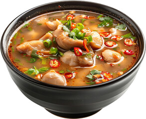 Delicious spicy seafood soup with shrimp and chili peppers, garnished with fresh herbs in a black bowl, creating a perfect blend of flavors.