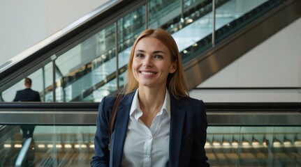 Fototapeta premium Smiling business woman with suitcase standing on escal