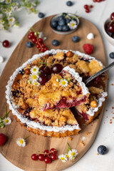 Freshly Baked Cherry Crumble Pie, Berry Pie over Summer Background